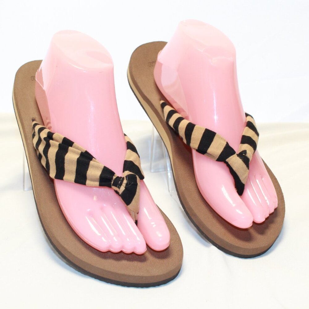 KUAILU Size 10 Tan Black Fabric Knot Yoga Mat Comfort Flip Flop Thong Sandals